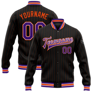 Custom Black Orange Pinstripe Purple-White Bomber Full-Snap Varsity Letterman Jacket