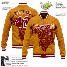 Load image into Gallery viewer, Custom Gold Maroon-Cream Angry Bull 3D Pattern Design Bomber Full-Snap Varsity Letterman Jacket
