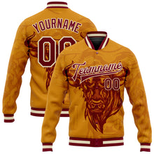Load image into Gallery viewer, Custom Gold Maroon-Cream Angry Bull 3D Pattern Design Bomber Full-Snap Varsity Letterman Jacket
