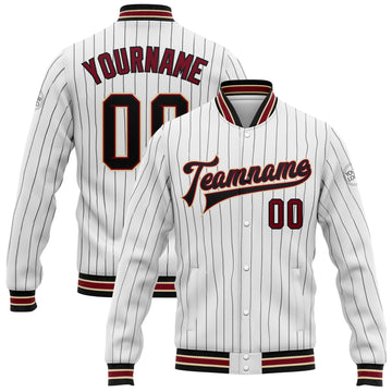 Custom White Black Pinstripe Crimson-City Cream Bomber Full-Snap Varsity Letterman Jacket