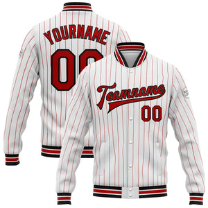 Custom White Red Pinstripe Black Bomber Full-Snap Varsity Letterman Jacket