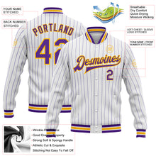 Load image into Gallery viewer, Custom White Purple Pinstripe Gold Bomber Full-Snap Varsity Letterman Jacket
