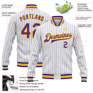 Custom White Purple Pinstripe Gold Bomber Full-Snap Varsity Letterman Jacket