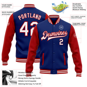 Custom Royal White-Red Bomber Full-Snap Varsity Letterman Two Tone Jacket