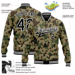 Custom Camo Black-White Geometric Camouflage 3D Bomber Full-Snap Varsity Letterman Salute To Service Jacket