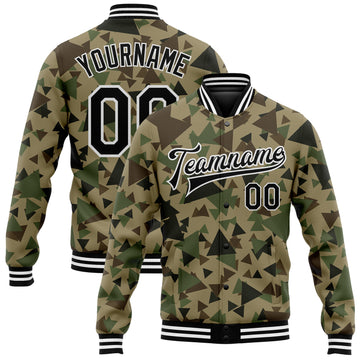 Custom Camo Black-White Geometric Camouflage 3D Bomber Full-Snap Varsity Letterman Salute To Service Jacket