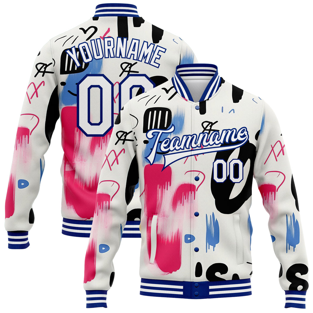 Custom Graffiti Pattern White-Royal Grunge Art 3D Bomber Full-Snap Varsity Letterman Jacket