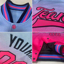 Load image into Gallery viewer, Custom Light Blue Pink-Black Bomber Full-Snap Varsity Letterman Fade Fashion Jacket
