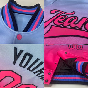 Custom Light Blue Pink-Black Bomber Full-Snap Varsity Letterman Fade Fashion Jacket