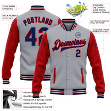 Load image into Gallery viewer, Custom Gray Navy-Red Bomber Full-Snap Varsity Letterman Two Tone Jacket
