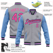 Load image into Gallery viewer, Custom Gray Pink Black-Light Blue Bomber Full-Snap Varsity Letterman Two Tone Jacket
