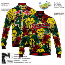 Load image into Gallery viewer, Custom Black Kelly Green Red-Gold Black History Month Lion 3D Pattern Design Bomber Full-Snap Varsity Letterman Jacket

