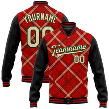 Load image into Gallery viewer, Custom Red City Cream Black-Green Check Board 3D Pattern Design Bomber Full-Snap Varsity Letterman Jacket

