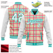 Load image into Gallery viewer, Custom Cream White-Aqua Check Board 3D Pattern Design Bomber Full-Snap Varsity Letterman Jacket
