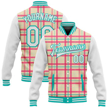 Load image into Gallery viewer, Custom Cream White-Aqua Check Board 3D Pattern Design Bomber Full-Snap Varsity Letterman Jacket
