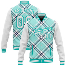 Load image into Gallery viewer, Custom Ice Blue Aqua-Navy Check Board 3D Pattern Design Bomber Full-Snap Varsity Letterman Jacket
