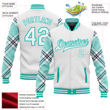 Load image into Gallery viewer, Custom White Ice Blue Aqua-Navy Check Board 3D Pattern Design Bomber Full-Snap Varsity Letterman Jacket
