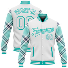 Load image into Gallery viewer, Custom White Ice Blue Aqua-Navy Check Board 3D Pattern Design Bomber Full-Snap Varsity Letterman Jacket
