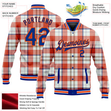 Load image into Gallery viewer, Custom Orange Royal-White Check Board 3D Pattern Design Bomber Full-Snap Varsity Letterman Jacket
