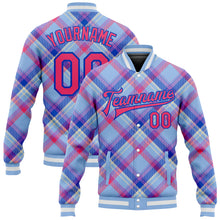 Load image into Gallery viewer, Custom Light Blue Neon Pink Thunder Blue-Cream Check Board 3D Pattern Design Bomber Full-Snap Varsity Letterman Jacket
