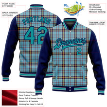 Load image into Gallery viewer, Custom Shadow Blue Teal Navy-Gray Classic Western Plaid 3D Pattern Design Bomber Full-Snap Varsity Letterman Jacket
