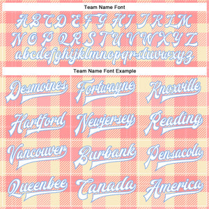 Custom Medium Pink White-Light Blue Classic Western Plaid 3D Pattern Design Bomber Full-Snap Varsity Letterman Jacket