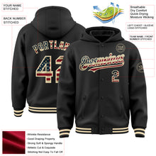 Load image into Gallery viewer, Custom Black Vintage USA Flag-Cream Bomber Full-Snap Varsity Letterman Hoodie Jacket
