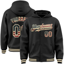 Load image into Gallery viewer, Custom Black Vintage USA Flag-Cream Bomber Full-Snap Varsity Letterman Hoodie Jacket
