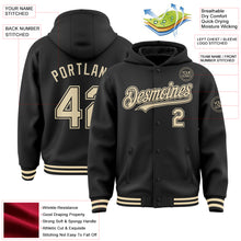 Load image into Gallery viewer, Custom Black Cream Bomber Full-Snap Varsity Letterman Hoodie Jacket
