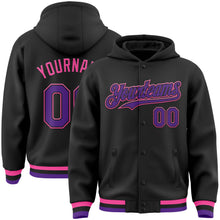 Load image into Gallery viewer, Custom Black Purple-Pink Bomber Full-Snap Varsity Letterman Hoodie Jacket

