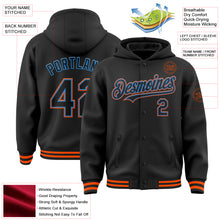 Load image into Gallery viewer, Custom Black Powder Blue-Orange Bomber Full-Snap Varsity Letterman Hoodie Jacket
