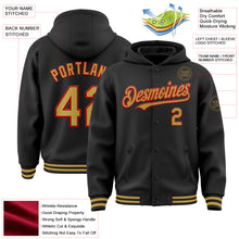 Load image into Gallery viewer, Custom Black Old Gold-Red Bomber Full-Snap Varsity Letterman Hoodie Jacket
