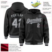 Load image into Gallery viewer, Custom Black Gray Bomber Full-Snap Varsity Letterman Hoodie Jacket
