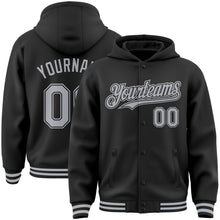 Load image into Gallery viewer, Custom Black Gray Bomber Full-Snap Varsity Letterman Hoodie Jacket
