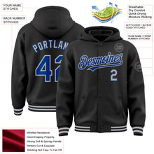 Load image into Gallery viewer, Custom Black Royal-Gray Bomber Full-Snap Varsity Letterman Hoodie Jacket
