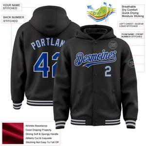 Custom Black Royal-Gray Bomber Full-Snap Varsity Letterman Hoodie Jacket