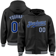 Load image into Gallery viewer, Custom Black Royal-Gray Bomber Full-Snap Varsity Letterman Hoodie Jacket
