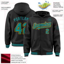 Load image into Gallery viewer, Custom Black Teal-Yellow Bomber Full-Snap Varsity Letterman Hoodie Jacket

