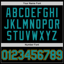 Load image into Gallery viewer, Custom Black Teal-Yellow Bomber Full-Snap Varsity Letterman Hoodie Jacket
