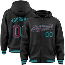 Load image into Gallery viewer, Custom Black Crimson-Teal Bomber Full-Snap Varsity Letterman Hoodie Jacket
