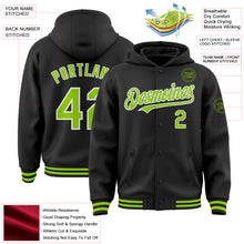 Load image into Gallery viewer, Custom Black Neon Green-White Bomber Full-Snap Varsity Letterman Hoodie Jacket

