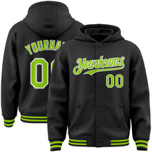 Load image into Gallery viewer, Custom Black Neon Green-White Bomber Full-Snap Varsity Letterman Hoodie Jacket

