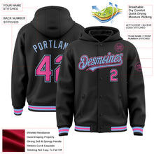 Load image into Gallery viewer, Custom Black Pink-Light Blue Bomber Full-Snap Varsity Letterman Hoodie Jacket

