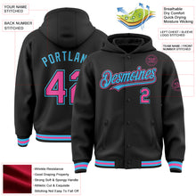 Load image into Gallery viewer, Custom Black Pink-Sky Blue Bomber Full-Snap Varsity Letterman Hoodie Jacket
