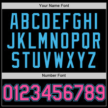 Load image into Gallery viewer, Custom Black Pink-Sky Blue Bomber Full-Snap Varsity Letterman Hoodie Jacket
