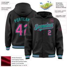 Load image into Gallery viewer, Custom Black Pink-Aqua Bomber Full-Snap Varsity Letterman Hoodie Jacket
