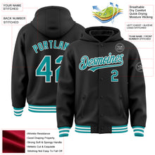 Load image into Gallery viewer, Custom Black Teal-White Bomber Full-Snap Varsity Letterman Hoodie Jacket
