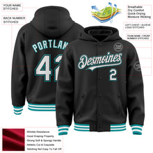 Load image into Gallery viewer, Custom Black White-Teal Bomber Full-Snap Varsity Letterman Hoodie Jacket
