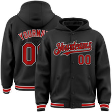 Load image into Gallery viewer, Custom Black Red-White Bomber Full-Snap Varsity Letterman Hoodie Jacket
