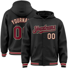 Load image into Gallery viewer, Custom Black Crimson-City Cream Bomber Full-Snap Varsity Letterman Hoodie Jacket
